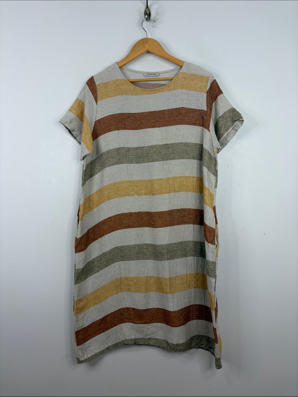 Linen Dress Womens One Size Large XL Gray Brown Stripe Short Sleeve Pockets